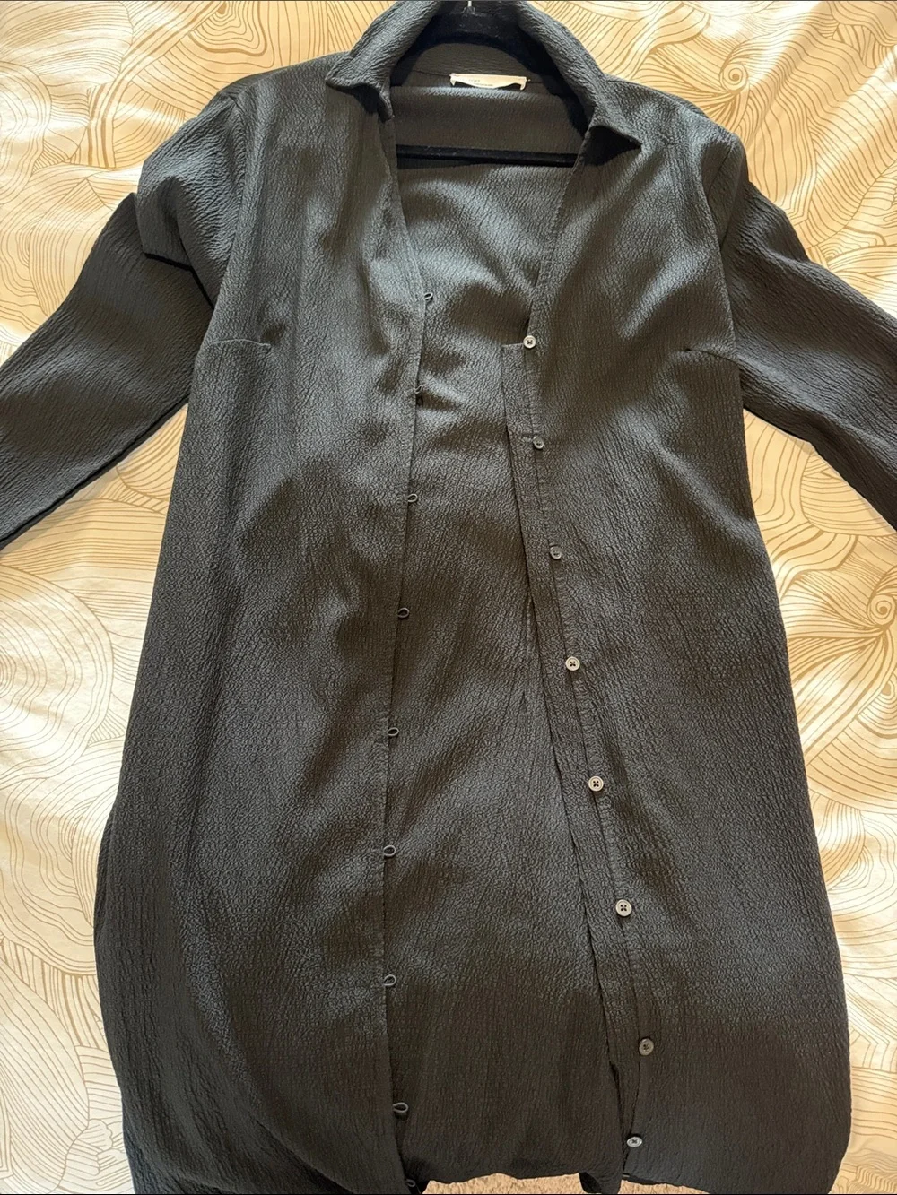 OAK + FORT Black Textured Long Button-Front Shirt Dress L